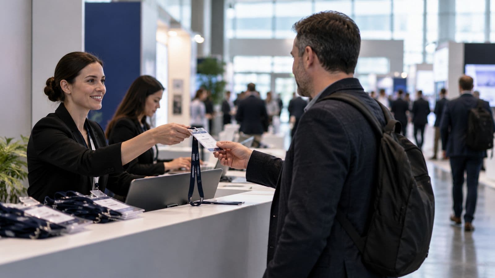 A member of staff at a trade-show registration desk hands a badge to a visitor.