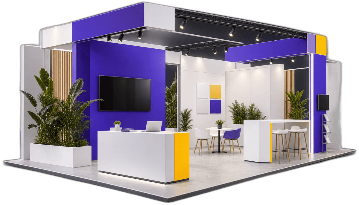 An exhibition stand with violet walls, a reception counter and a meeting area.