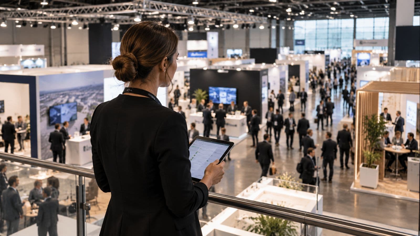 An organiser with a tablet watches a busy exhibition floor from a mezzanine.