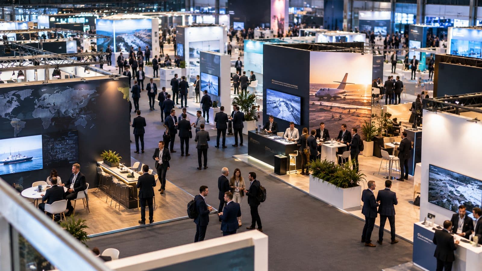A busy trade-show hall, with visitors talking at the stands.